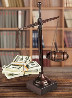 scales of justice with money