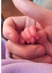 adult holding baby's hand