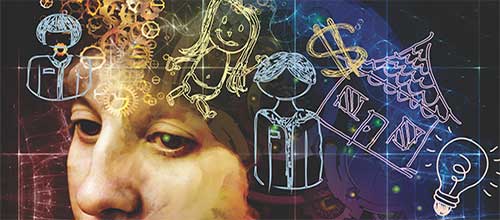 female head with gears, family members and assets