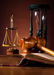 gavel, scales and hourglass